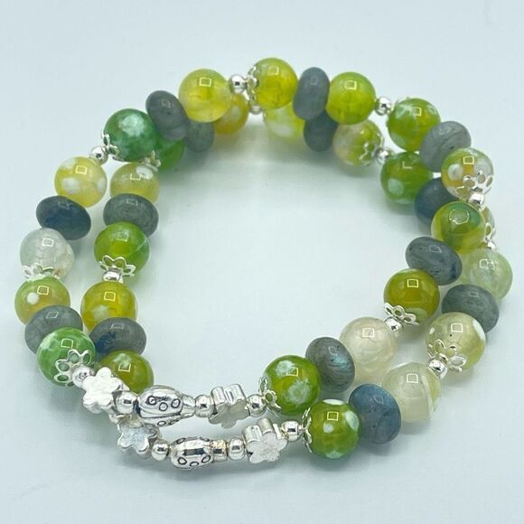 Ladybug labradorite green orca agate beaded stretch bracelet ONE NEW crystal - Picture 2 of 8